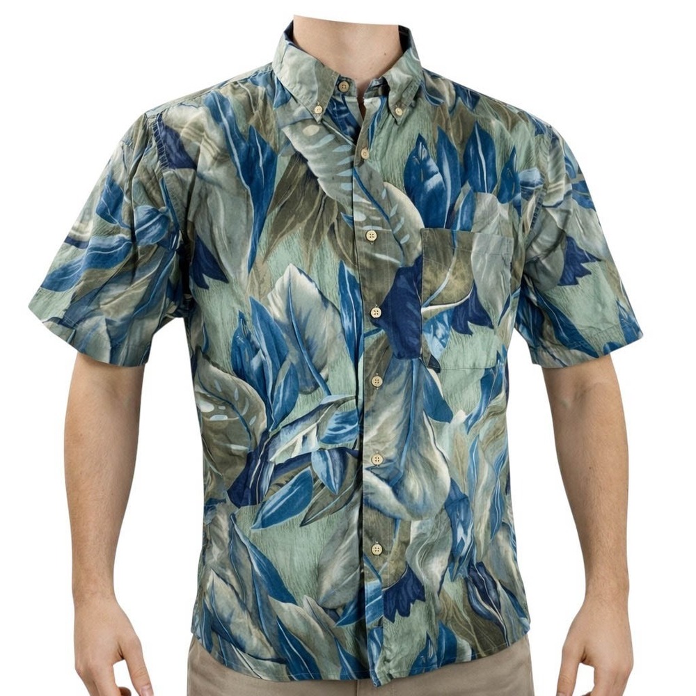 Chaps Ralph Lauren Hawaiian Aloha Shirt Large Floral Abstract Olive-Green Blue